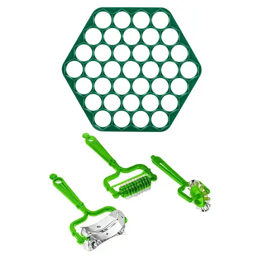 Комплект пельменниця пластикова та набір 3 дискових тесторізів: для чебурок, пельменів, нарізування локшини Зелений, Kitchette 85171 - фото 1