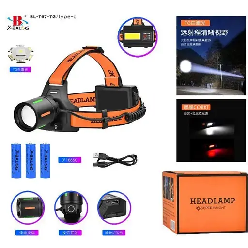 Фонарь на лоб BL-T67-TG+COB Night Vision с красным светом zoom Type-C - фото 2