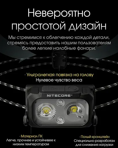 Налобный легкий фонарик Nitecore NU25 UL New с белым и красным светом (Черный) - фото 8