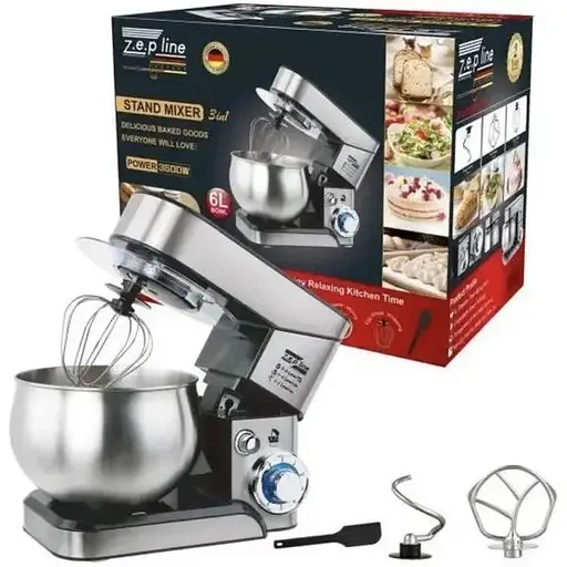 Планетарний міксер тістоміс Zepline ZP-105 з нержавіючої сталі Кухонний комбайн з чашею на 6л потужністю 3500 Вт