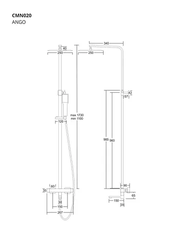 Душова система Corsan Ango Black Matt з термостатом та виливом CMN02TBLW, Чорний матовий - фото 2