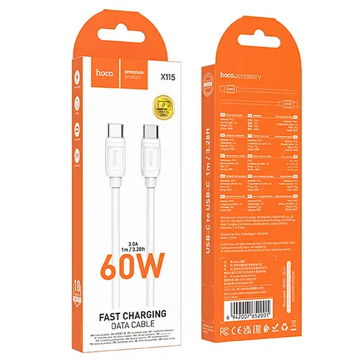 Дата кабель Hoco X115 Surpass Type-C to Type-C 60W (1m) White - фото 4