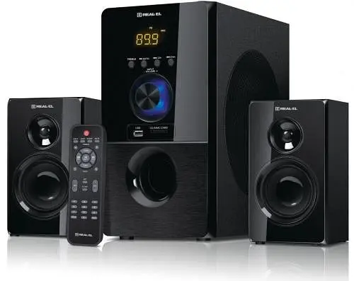Колонки 2.1 REAL-EL M-555 Black, сателіти 2 x 12.5 Вт, сабвуфер 30 Вт, МДФ, Bluetooth, FM-тюнер, USB/SD, дисплей, живлення від мережі 220V, керування спереду + пульт ДК