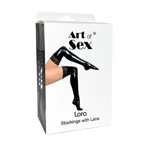 Сексуальные виниловые чулки Art of Sex - Lora с кружевом цвет черный S - фото 3