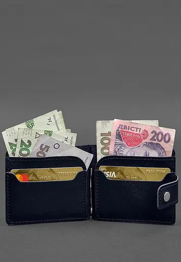 Кожаное портмоне 13.1 зажим с хлястиком синий краст - фото 3