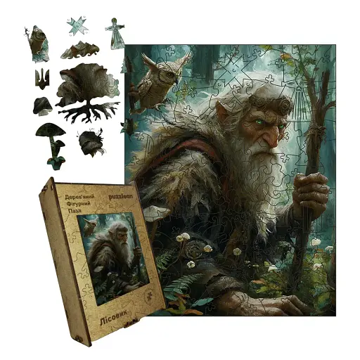 Дерев'яний фігурний пазл Лісовик, А3, Дерев'яна коробка 200 елементів