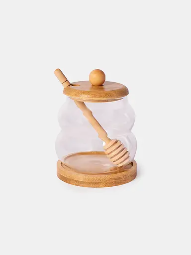 Медовница с бамбуковой крышкой на подставке 350 мл Прозрачный - фото 2