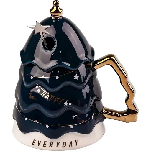 Керамічна чашка Різдвяна ялинка з кришкою та паличкою для розмішування 460 мл Темно зелений - фото 1