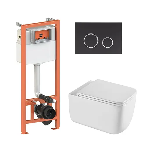 Подвесной унитаз Qtap Gemini Ultra Quiet + инсталляция Qtap Nest 4 в 1 (круглая клавиша Black mat), Белый - фото 1