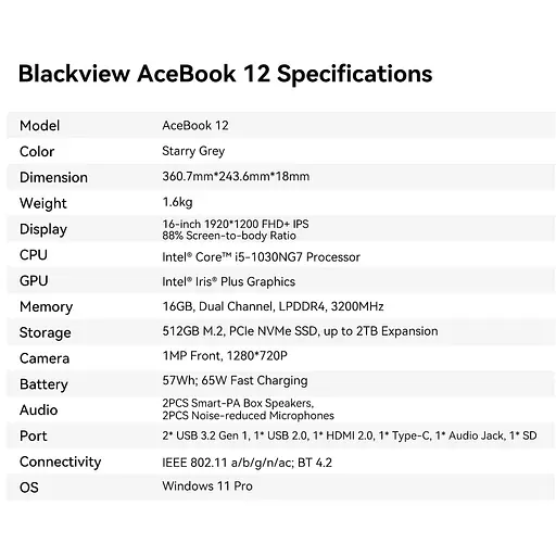 Ноутбук Blackview Acebook 12,i5-1030NG7,16GB+512GB,Windows 11 Pro,+,36GHz,HDMI 2.0,Bluetooth,USB 3.0 - фото 10