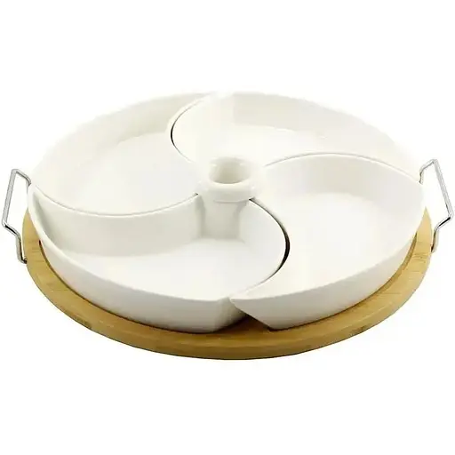 Менажниця Interos порцелянова 4 секційна на підставці 28 см біла (PJ02043)
