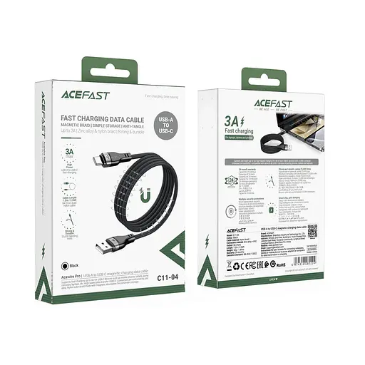 Кабель Acefast C11-04 USB to Type-C 3A 1.2 м nylon + PVC zinc connectors чорний - фото 2