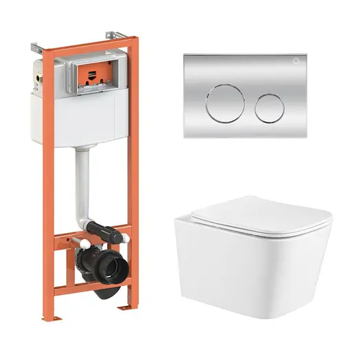 Подвесной унитаз Qtap Crow Ultra Quiet + инсталляция Qtap Nest 4 в 1 (круглая клавиша Chrome), Белый - фото 1