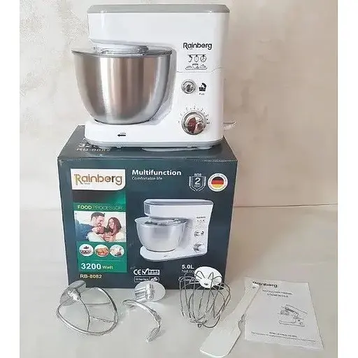 Стационарный миксер тестомес Rainberg RB-8082 с металлической чашей планетарное вращение 5л 3200Вт Белый - фото 9