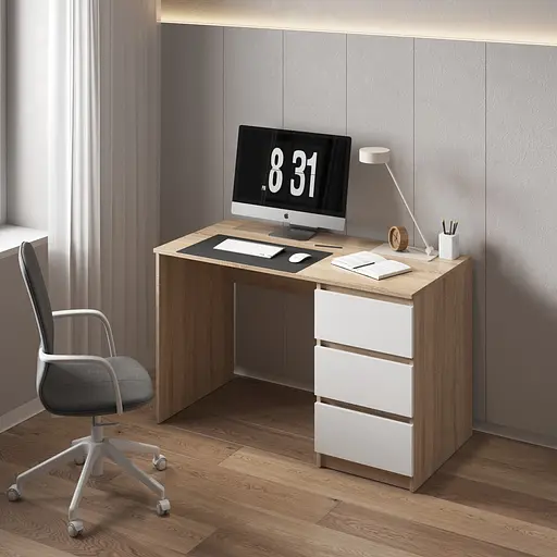 Комп'ютерний стіл Vays, письмовий, сучасний, з тумбою справа, 3 шухляды з фасадами без ручок R-1 Дуб Сонома-Білий фасад