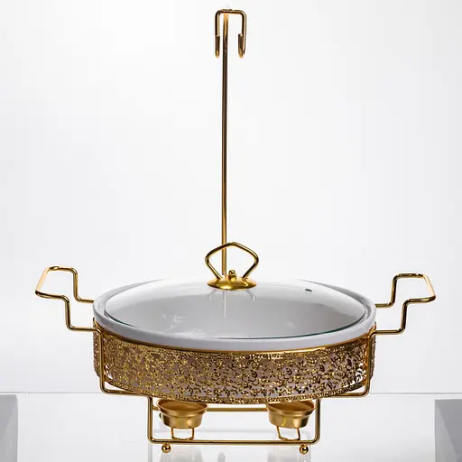 Мармитница настольная фарфоровая 2.5 литра мармит круглый на подставке Белый с золотом Yiwu YL-76 - фото 6