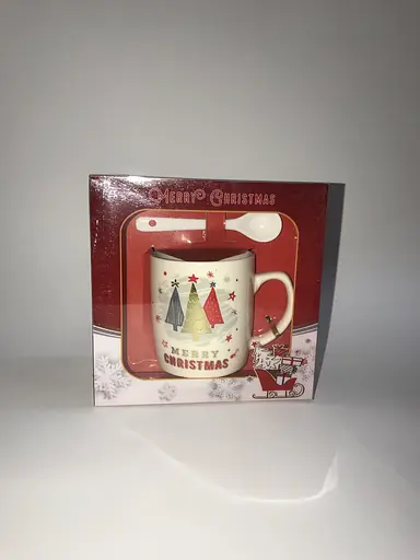Кружка новогодняя с елками с ложечкой чашка в коробке Gee! - фото 1