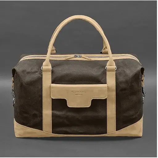 Дорожная сумка из коричневого конваса и натуральной кожи Crazy Horse светло-бежевая - фото 1