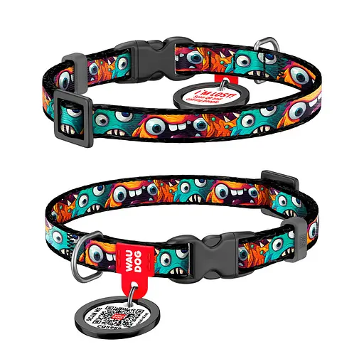 Ошейник для кошек и мелких пород собак нейлоновый Waudog Nylon с QR-паспортом "Зубастые монстры" пластиковый фастекс,