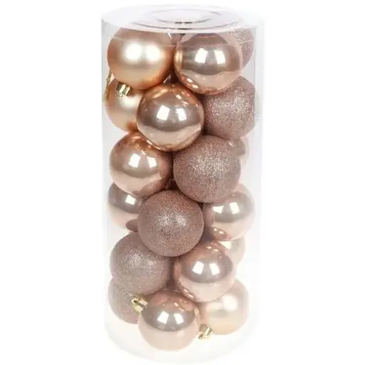 Набір святкових ялинкових куль діаметром 6 см карамельного кольору 24 шт глянцеві глітер і матові - фото 1