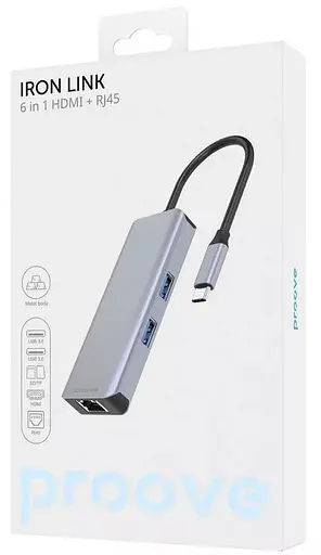 USB-хаб Proove Type-C-Хаб Iron Link 6 в 1 (2*USB3.0 + SD/TF + RJ45 + HDMI) серебристый (HBI700010004) - фото 4