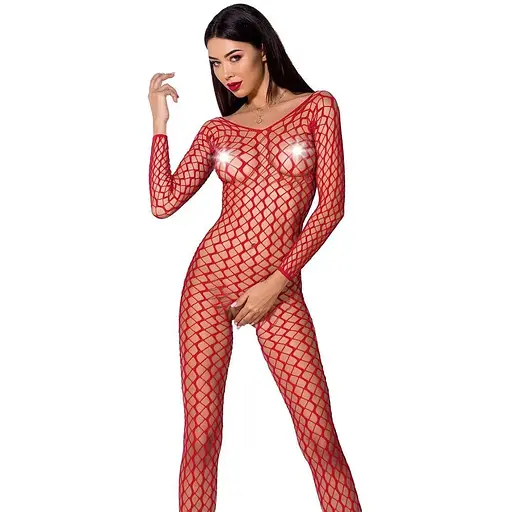 Бодистокинг Passion BS068 комбинезон крупная сетка длинный рукав S/M/L red