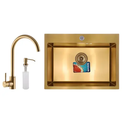 Набор кухонная мойка со смесителем и дозатором Mixxus SET-6045-200x1.0-PVD-Gold MX0589, Золотой - фото 1
