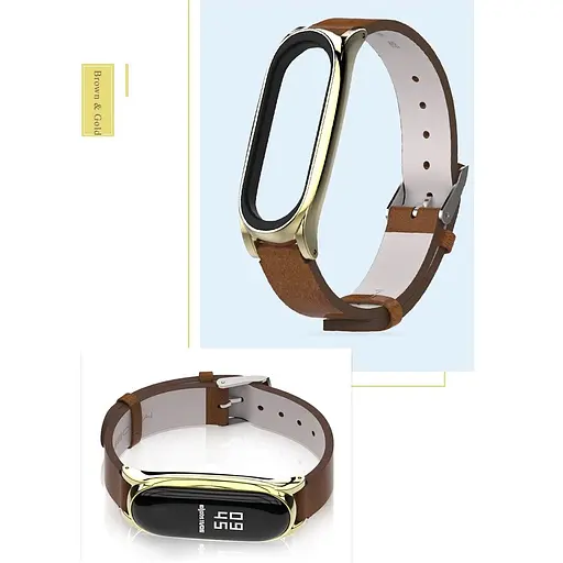 Шкіряний ремінець MiJobs для фітнес-браслета Xiaomi Mi Band 7 Type C коричневий, тримач - золотистий, - фото 3