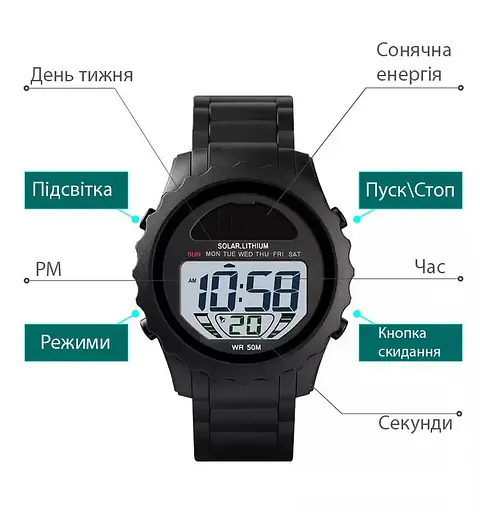 Мужские наручные часы Skmei 1585 с солнечной панелью (Черные) - фото 9