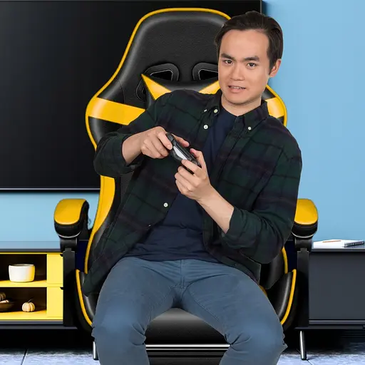 Кресло геймерское PLAYER с подставкой для ног и массажем Black/Yellow (100015) - фото 6