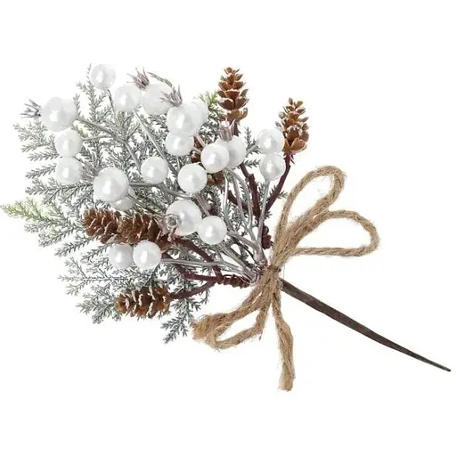 Ветка для декора 22 см Искусственные материалы для декора и флористики с перламутровыми ягодами и шишками Белый - фото 1
