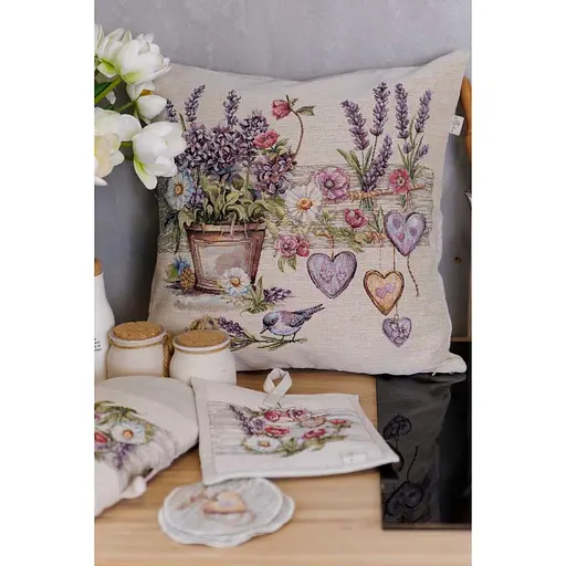Подушка гобеленова Прованс Лавандовий садочок Пташка в квітах 45х45 см (44314) - фото 4