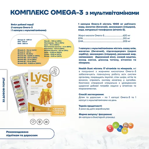 Омега-3 Lysi Health duet комплекс з мультивітамінами капсули 1000 мг №64 - фото 11