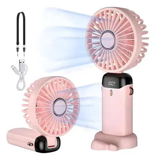 Портативний USB-вентилятор Mini Fan із підставкою для телефона та дисплеєм рожевий (979) - фото 2