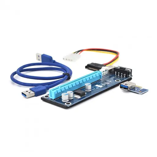 Riser PCI-EX, x1=>x16, 4-pin / Sata MOLEX, SATA=>4Pin, USB 3.0 AM-AM 0,6 м (синий) , конденсатори 270, Пакет Б/в - фото 1