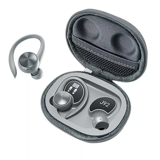 Бездротові спортивні Bluetooth навушники TWS J92 з тканинним зарядним кейсом, сенсорами управління Сірі