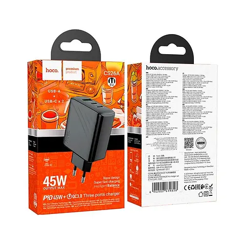 Адаптер сетевой HOCO Article charger CS26A | 1USB/2Type-C, 45W/3A, PD/QC| - фото 2