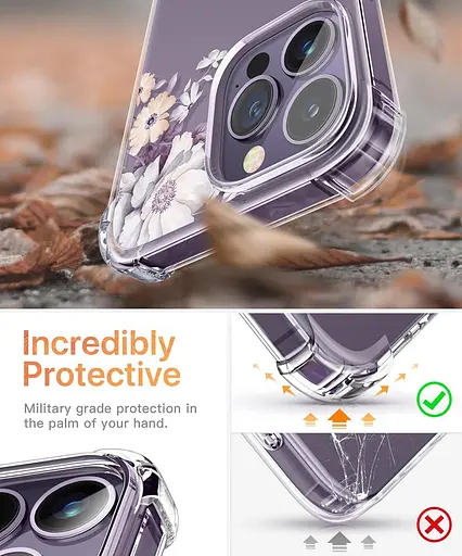 GVIEWIN Призначений для iPhone 14 Pro Max Чохол, Захисна плівка для екрану + Захисна плівка для камери Квітковий ударостійкий - фото 3