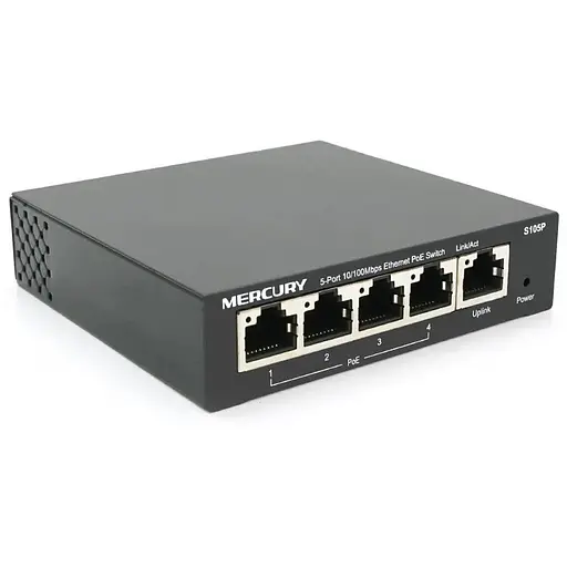 Коммутатор POE 48V Mercury S105P 48V 5 портов Ethernet 10/100 Мбит/сек, БП в комплекте, BOX Q200