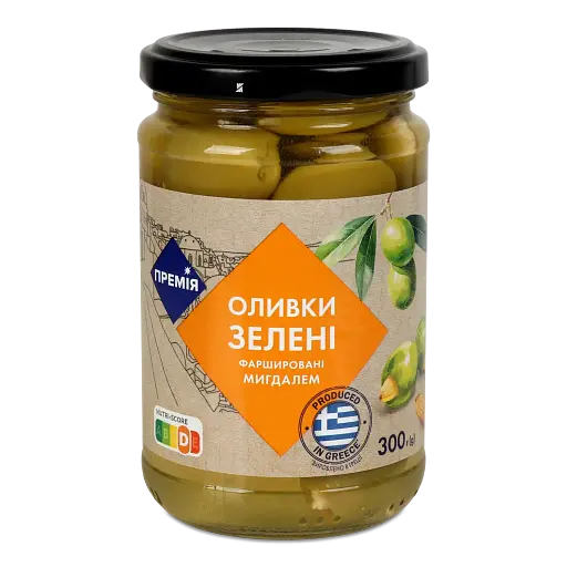 Оливки Премія зелені фаршировані мигдалем 300 г