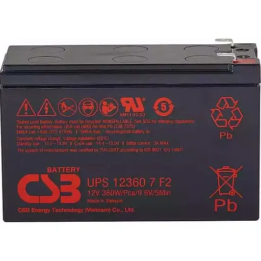 Акумулятор CSB AGM 12V (12V/7.2Ah/86.4Wh) (UPS123607) [112309] - фото 2