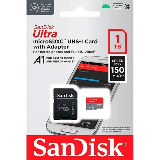 Карта пам'яті SanDisk Ultra microSDXC 1TB + SD Adapter 150MB/s A1 Class 10 UHS-I, EAN: 619659200589 - фото 2