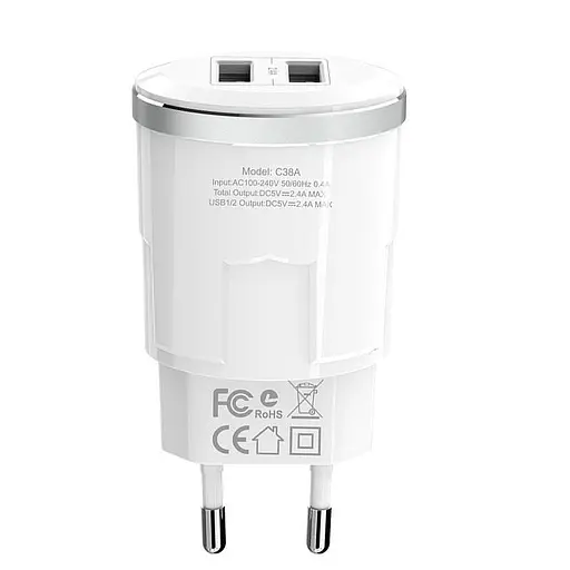 Адаптер мережевий Hoco Thunder C38A на 2 порти USB-A блок живлення білий - фото 1