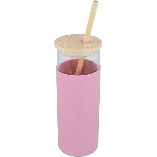 Скляна пляшка OldBro Tumbler з бамбуковою трубочкою Pink 550 мл