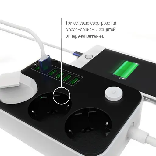 Мережевий фільтр-подовжувач ColorWay CW-CHЕ36B 3 розетки / 6USB 1.8 м Black - фото 6