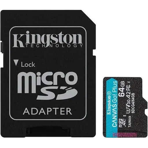 Карта памяти microSDXC (UHS-1 U3) Kingston Canvas Go! Plus 64Gb 10 A2 V30 (R200MB/s) (adapter SD) - фото 1