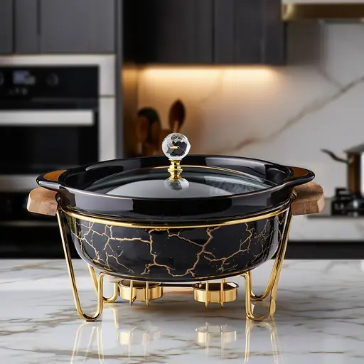 Мармит фарфоровый настольный круглый 1.3(л) мармитница с подогревом Черный мрамор Yiwu LC-717 - фото 2