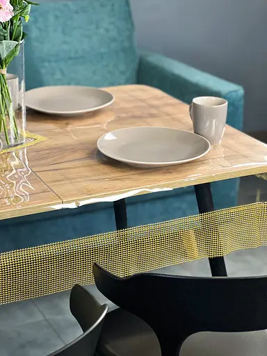 Скатертина силіконова із золотою перлинною стрічкою 370х110 см - фото 8