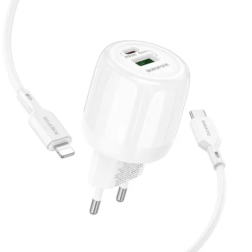 МЗП Borofone BA94A Lustrous PD30W+QC3.0 (1USB-A/1C) + кабель Type-C to Lightning White - фото 3