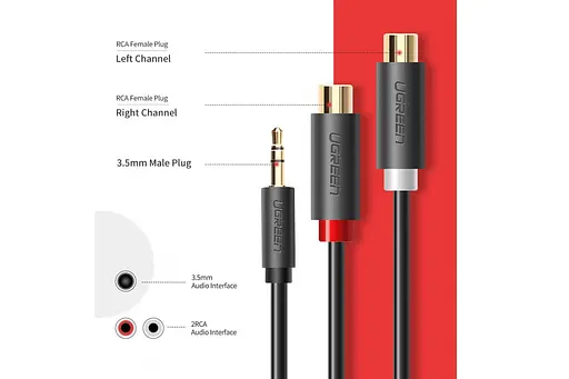 Аудио кабель Ugreen AV109 3.5 мм Male to 2RCA Female Cable 25 см серый (10547) RCA-штекер тюльпан - фото 2